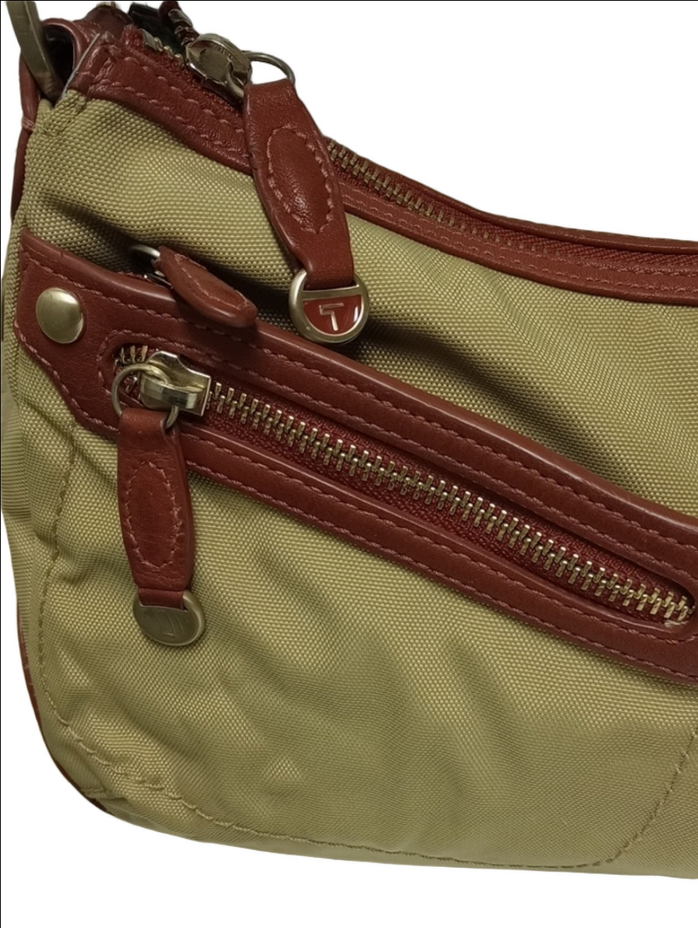 TUMI TAN BALLISTIC NYLON SHOULDER BAG WITH BROWN LEATHER TRIM - Picture 3 of 16